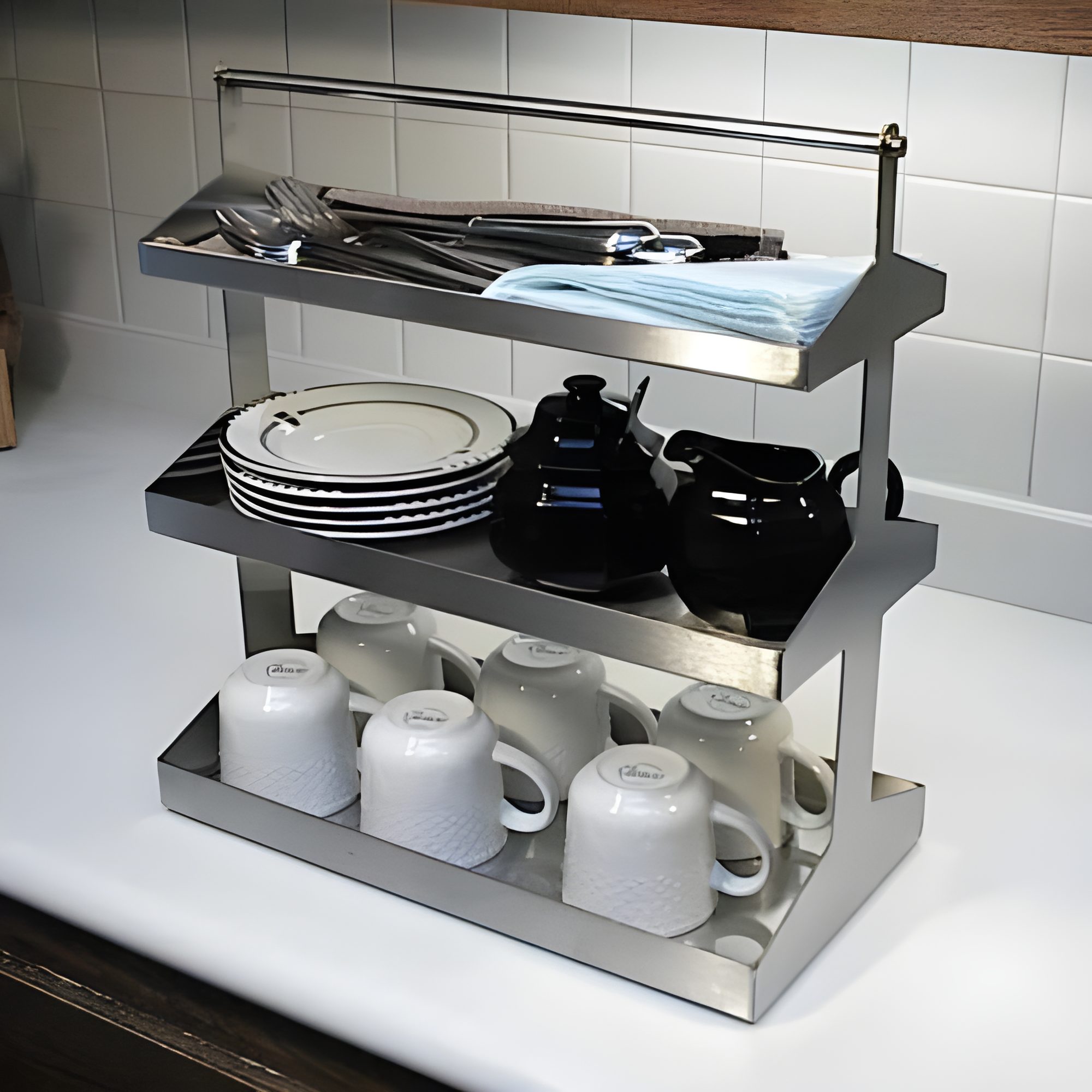 Stainless steel utensil caddy rack by Custom Metal Home