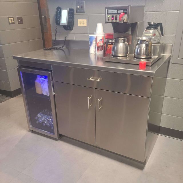 Stainless steel cabinet and countertop in a break room, Custom Metal Home