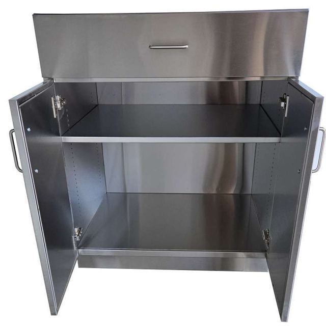 Stainless steel cabinet with doors open, Custom Metal Home