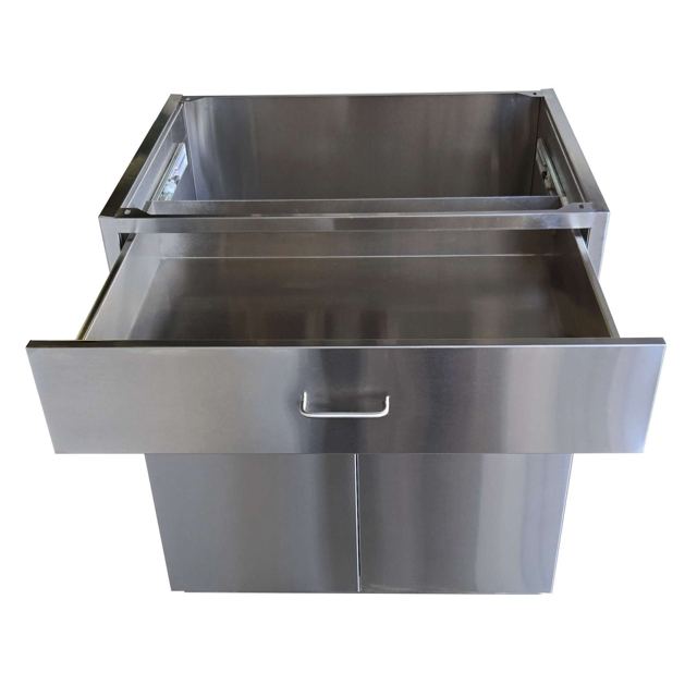 Stainless steel cabinet with drawer extended, Custom Metal Home