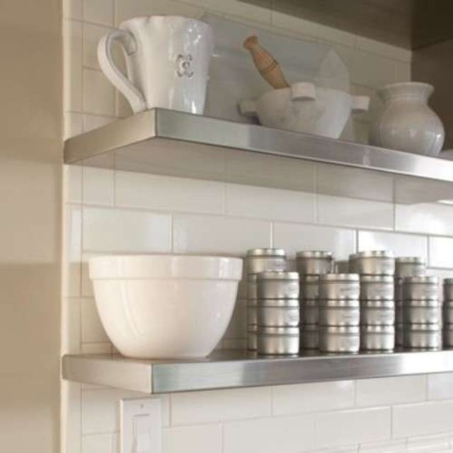 Stainless steel floating shelves in a kitchen, Custom Metal Home