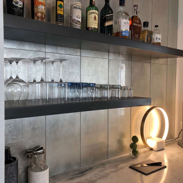 Zinc floating shelves in a home bar, Custom Metal Home