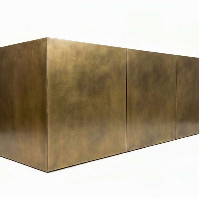 Brass box hood with a light patina finish, by Custom Metal Home