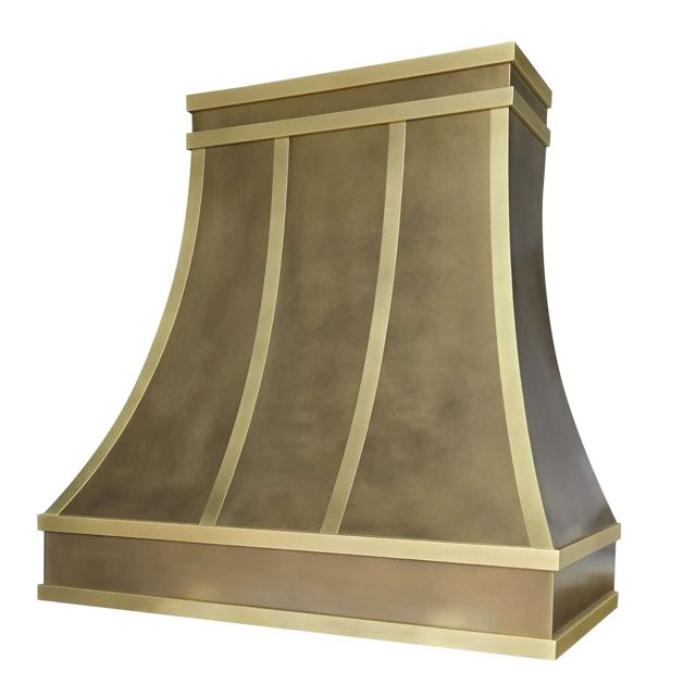 Custom Metal Home range hood. RH-5. Body: Brass with a dark patina finish. Straps: Brass with a matte finish