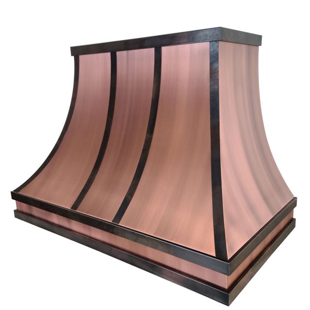RH-5 copper range hood, brushed copper with dark patina straps, by Custom Metal Home