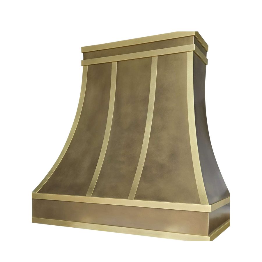 RH-5 brass range hood with a dark patina body and matte brass straps