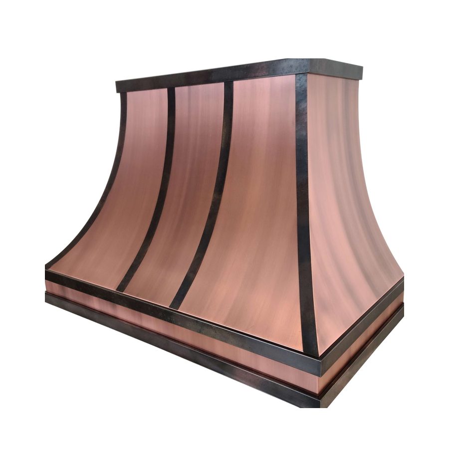 RH-5 copper range hood, brushed copper with dark patina straps
