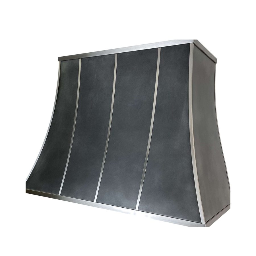 RH-5 zinc range hood with a dark patina and brushed stainless straps