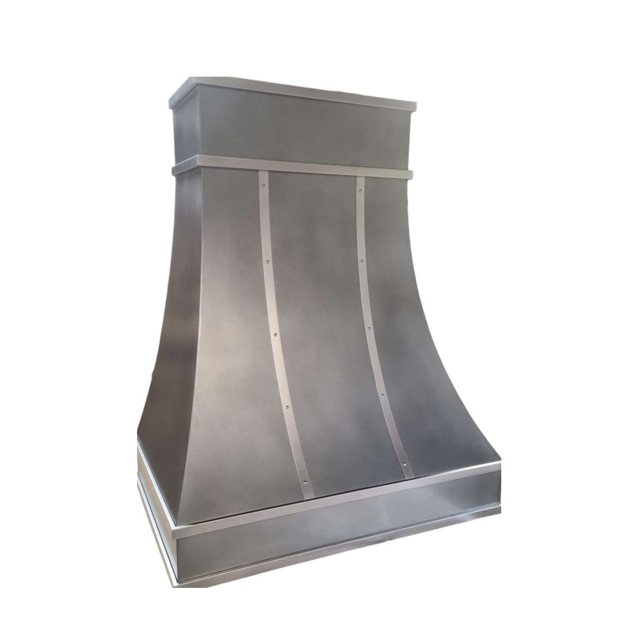 RH-5 zinc range hood with a light patina and matte stainless straps