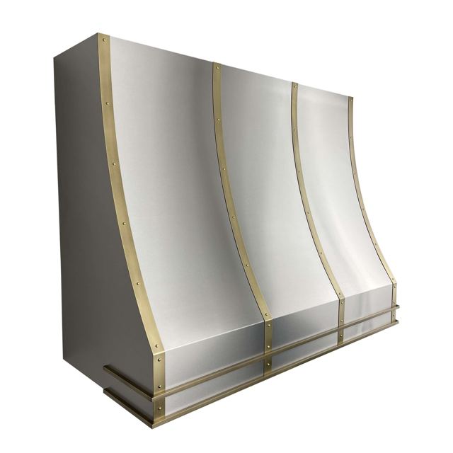 Custom Metal Home range hood. RH-1. Body: Stainless Steel #4 brushed. Straps: Brass with dark patina