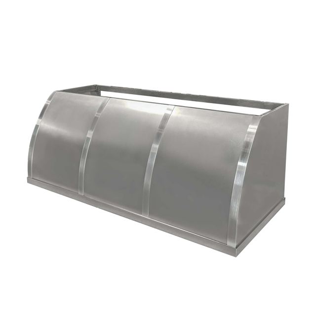 Custom Metal Home range hood. RH-2. Body: stainless steel matte finish. Straps: stainless steel #4 brushed finish