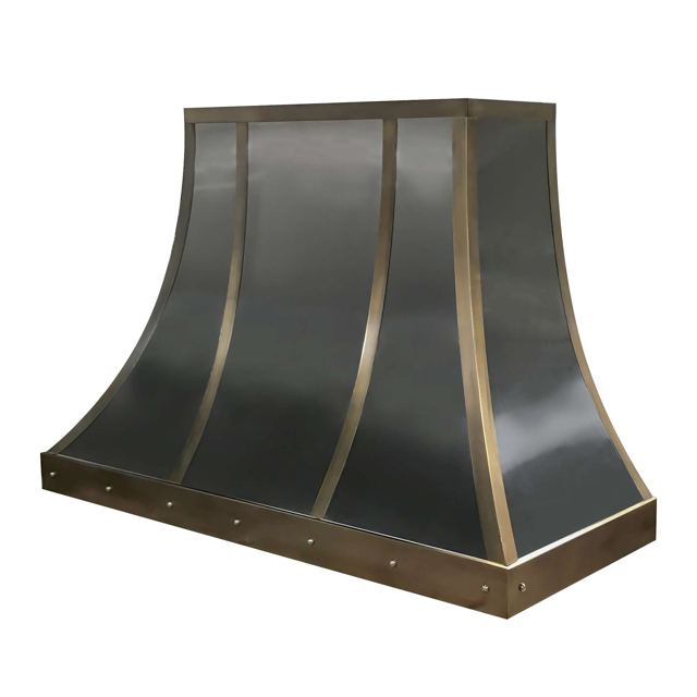 Custom Metal Home range hood. RH-5. Body: Stainless Steel #4 brushed. Straps: Brass with dark patina