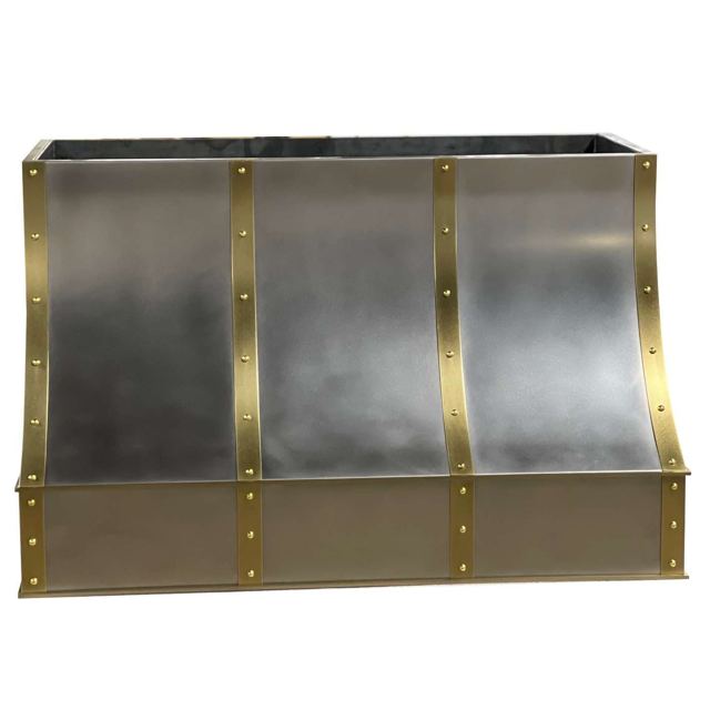 Custom Metal Home range hood. RH-1. Body: Stainless steel matte finish. Straps: Brass with a dark patina finish