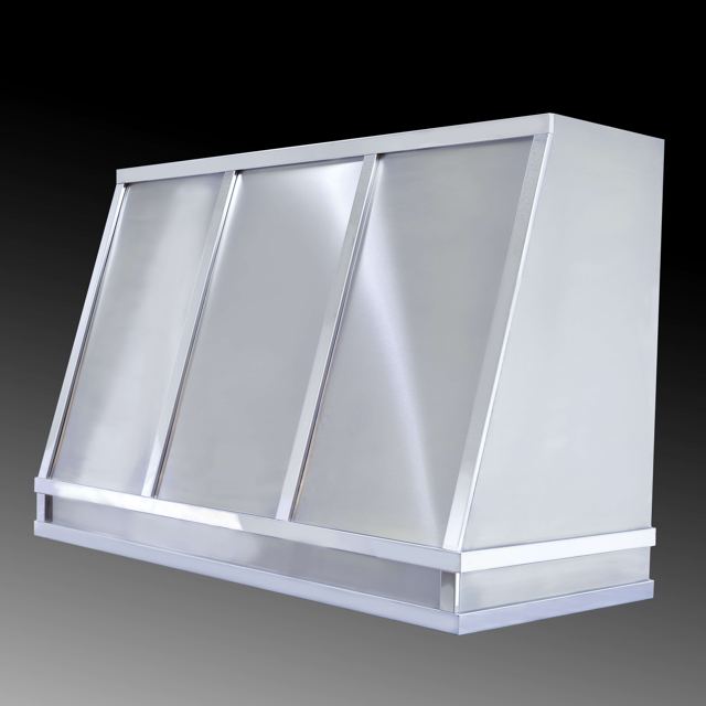 Custom Metal Home range hood. RH-4. Body: Stainless steel #4 brushed finish. Straps: Mirror stainless steel 'C' channel