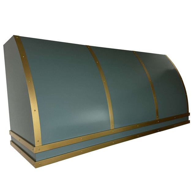 RH-2 steel range hood in a custom powder coat color with brass straps, by Custom Metal Home