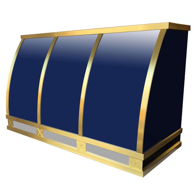 RH-2 steel hood in Heritage Blue powder coat with brass straps, by Custom Metal Home