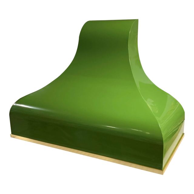 Custom shape in Fern Green powder coat with brass banding, by Custom Metal Home