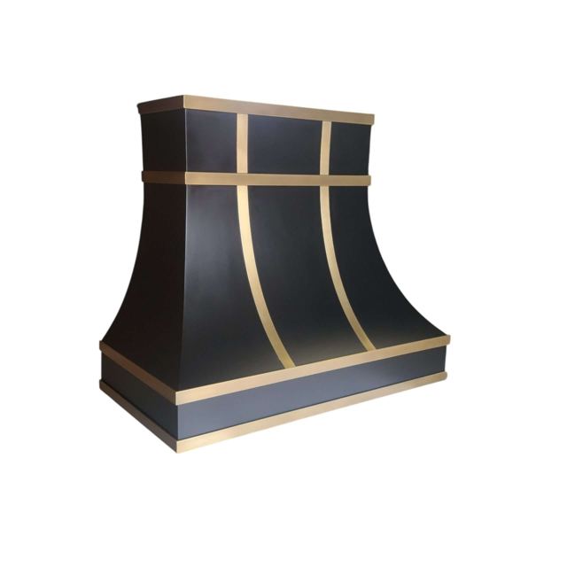 Custom steel range hood with brass banding, by Custom Metal Home
