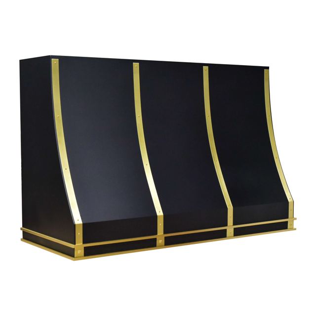 RH-1 black steel range hood with brass straps, by Custom Metal Home