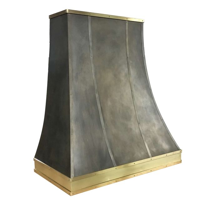 RH-5 darkened steel range hood with brass banding, by Custom Metal Home