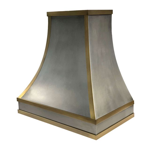 Custom Metal Home range hood. RH-5. Body: Zinc with dark patina. Straps: Brass with dark patina