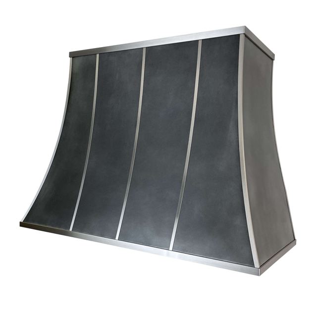Custom Metal Home range hood. RH-5. Body: Zinc with dark patina. Straps: Stainless steel #4 brushed