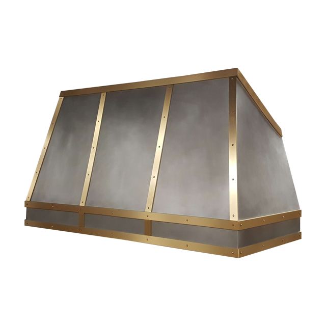 Custom Metal Home range hood. RH-3. Body: Zinc with dark patina. Straps: Brass with brushed finish