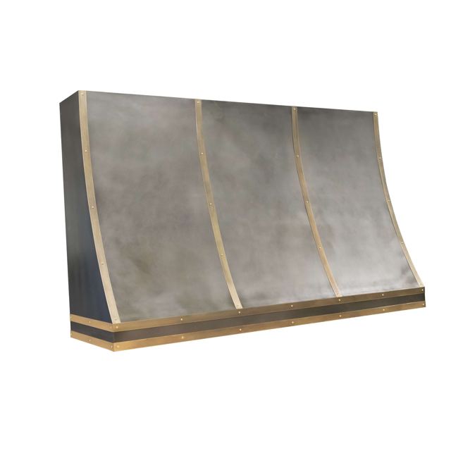 Custom Metal Home range hood. RH-1. Body: Zinc with dark patina. Straps: Brass with brushed finish