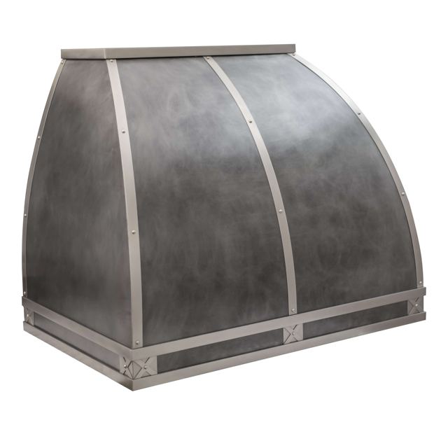 Custom Metal Home range hood. RH-6. Body: Zinc with dark patina. Straps: stainless steel matte finish