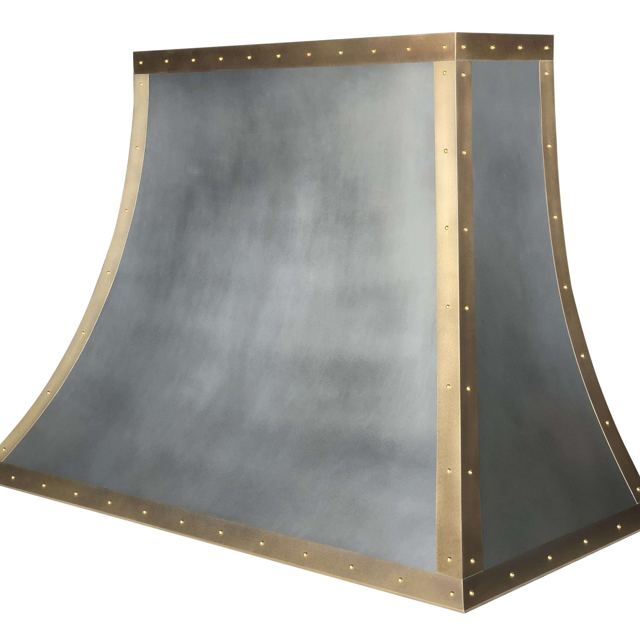 Custom Metal Home range hood. RH-5. Body: Zinc with dark patina. Straps: Brass with dark patina