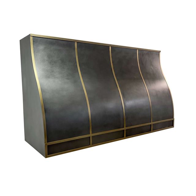 Custom Metal Home range hood. RH-2 with custom curve. Body: Zinc with dark patina. Straps: Brass with dark patina
