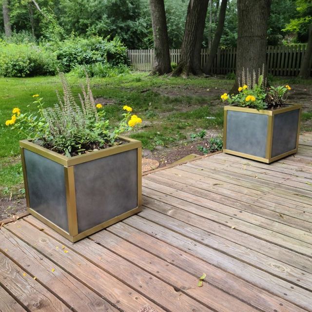 Zinc planters with brass trim on a deck, Custom Metal Home