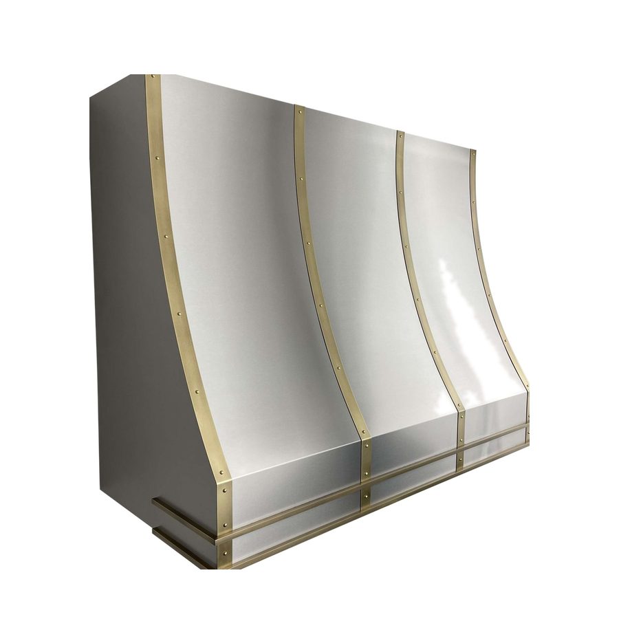RH-1 range hood in brushed stainless steel with dark patina brass straps