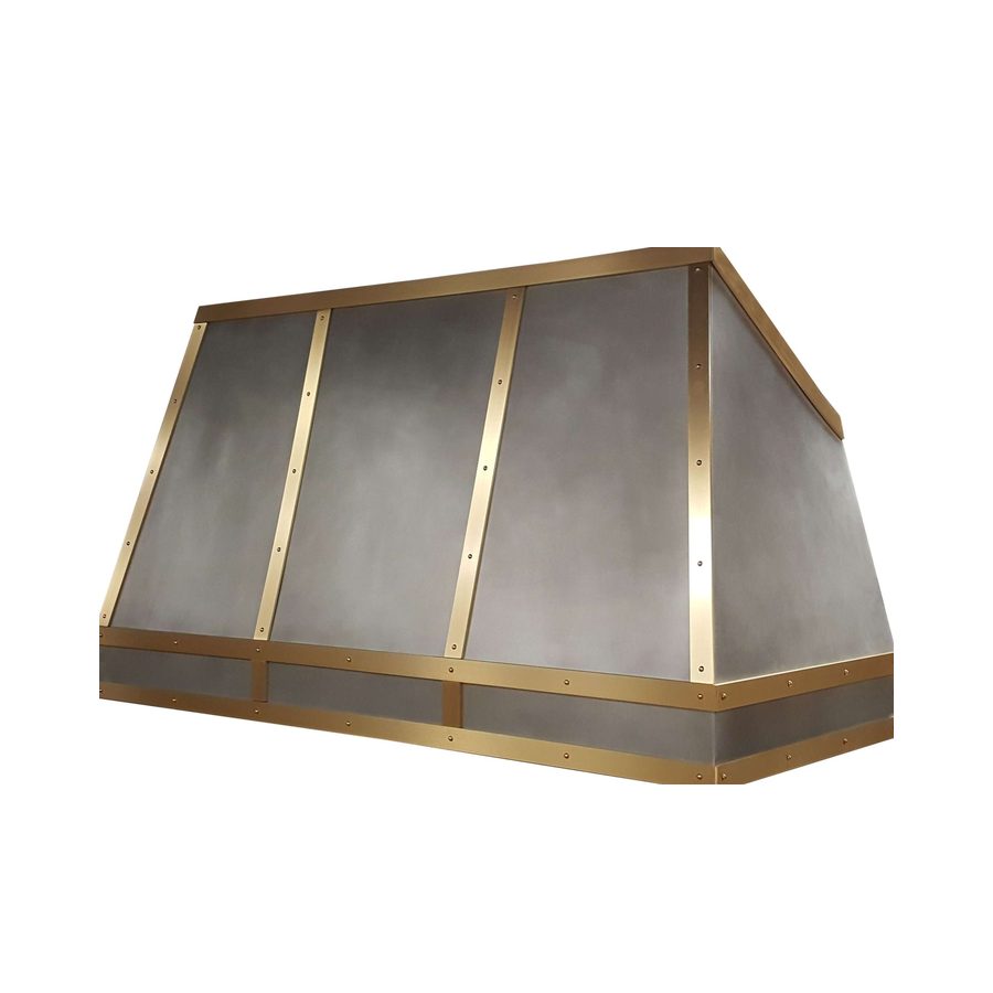 RH-3 tapered range hood in dark patina zinc with brushed brass straps