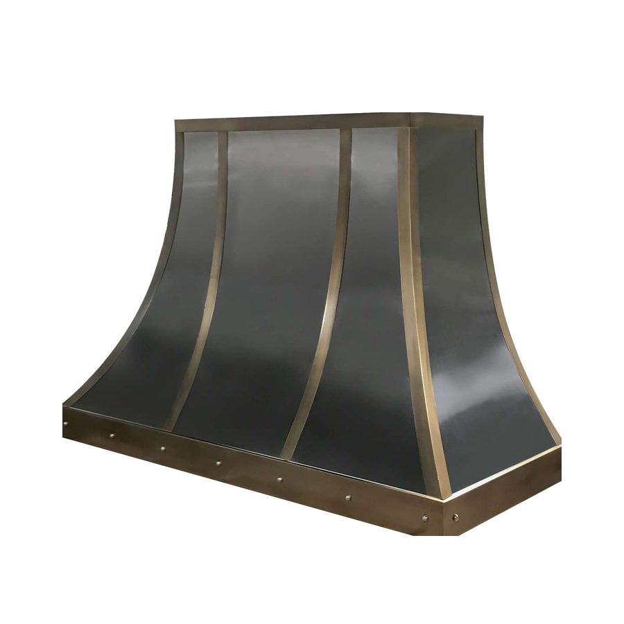 RH-5 bell range hood in brushed stainless steel with dark patina brass straps