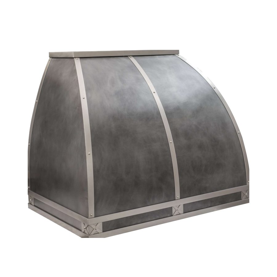 RH-6 dome range hood in dark patina zinc with matte stainless straps