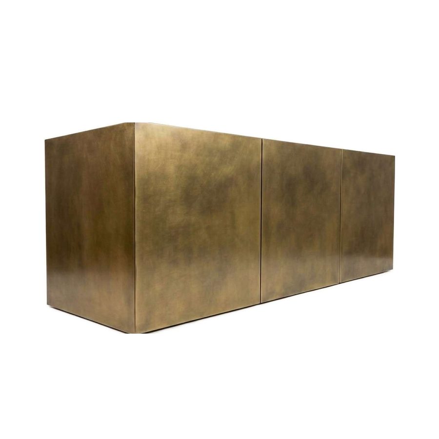 RH-7 box range hood in brass with a light patina