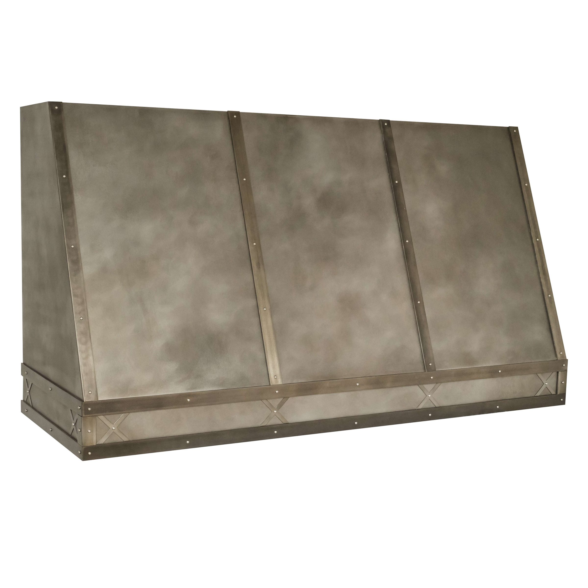 Darkened steel range hood profile showing #103 patina by Custom Metal Home