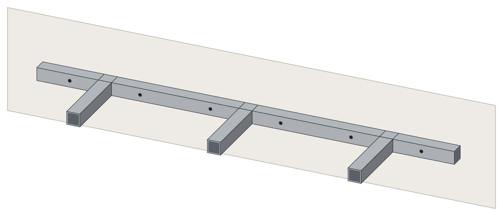 Welded aluminum floating shelf frame screwed to the wall