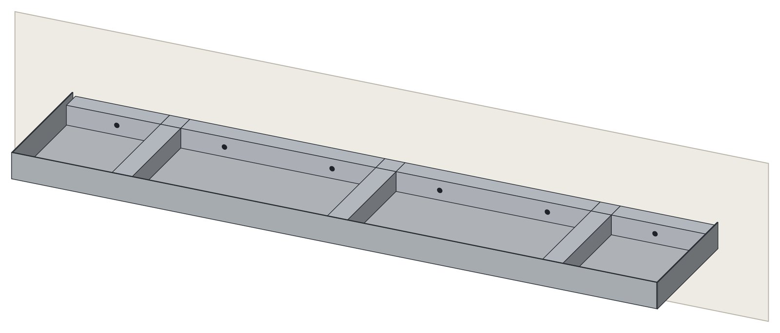 Floating shelf box sliding over the aluminum wall frame, top cut away to show the frame inside
