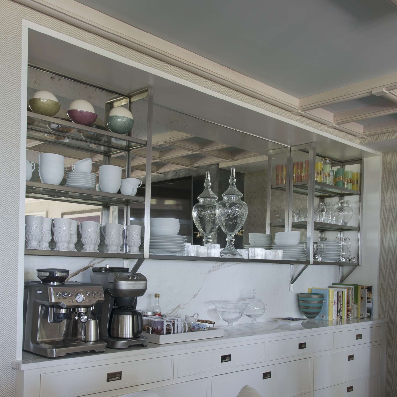 Custom stainless steel shelving unit in a kitchen