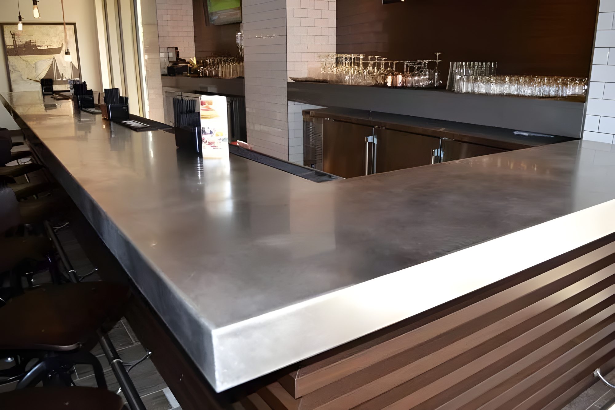 Stainless steel bar tops for a restaurant fabricated by Custom Metal Home
