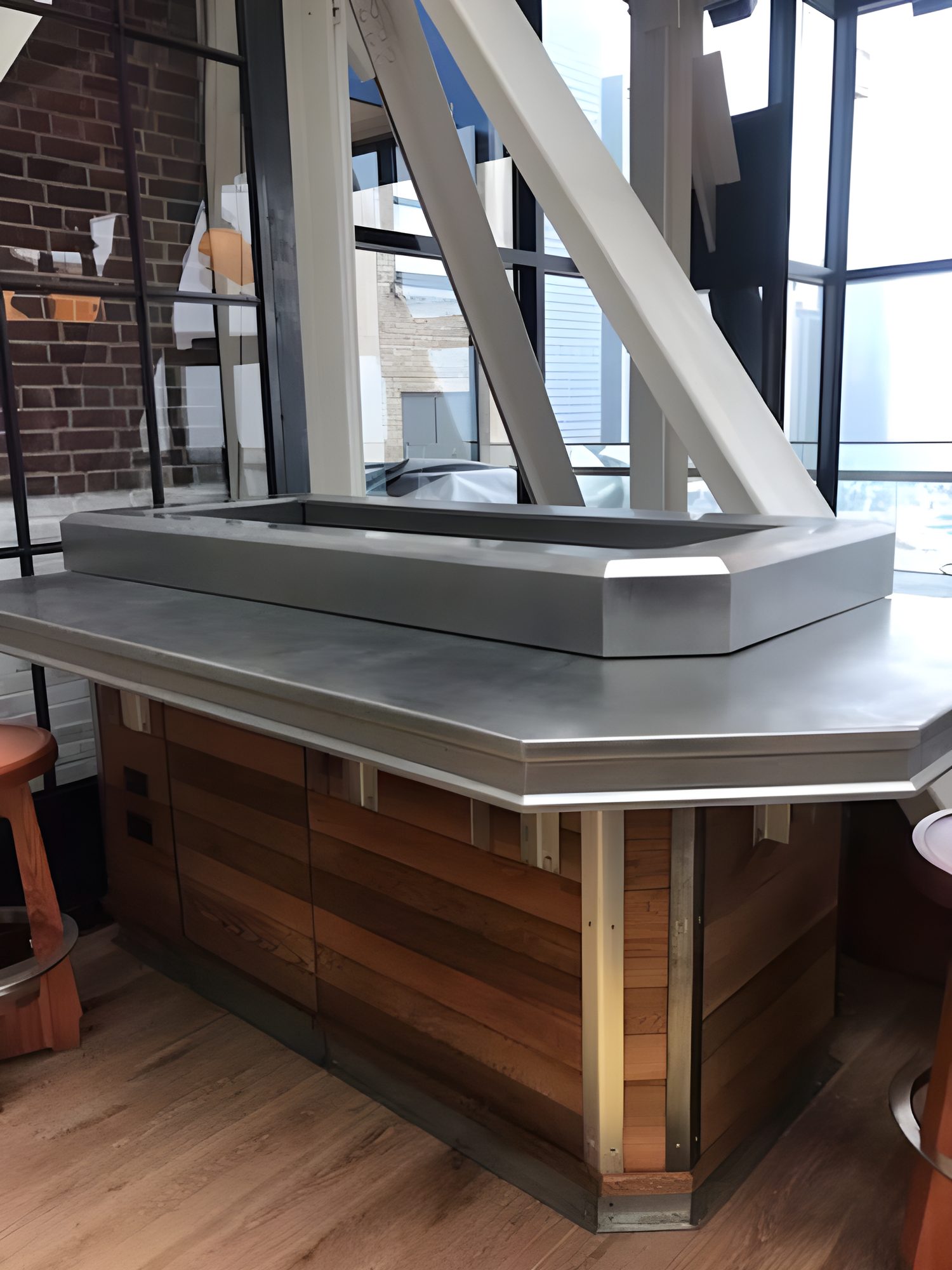 Stainless steel countertop with profile edge in matte finish fabricated by Custom Metal Home