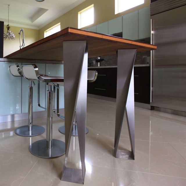 Bar-height Twist base under a wood counter, Custom Metal Home