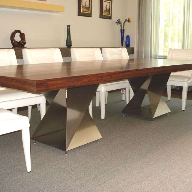Twist bases under a long wood dining top, Custom Metal Home