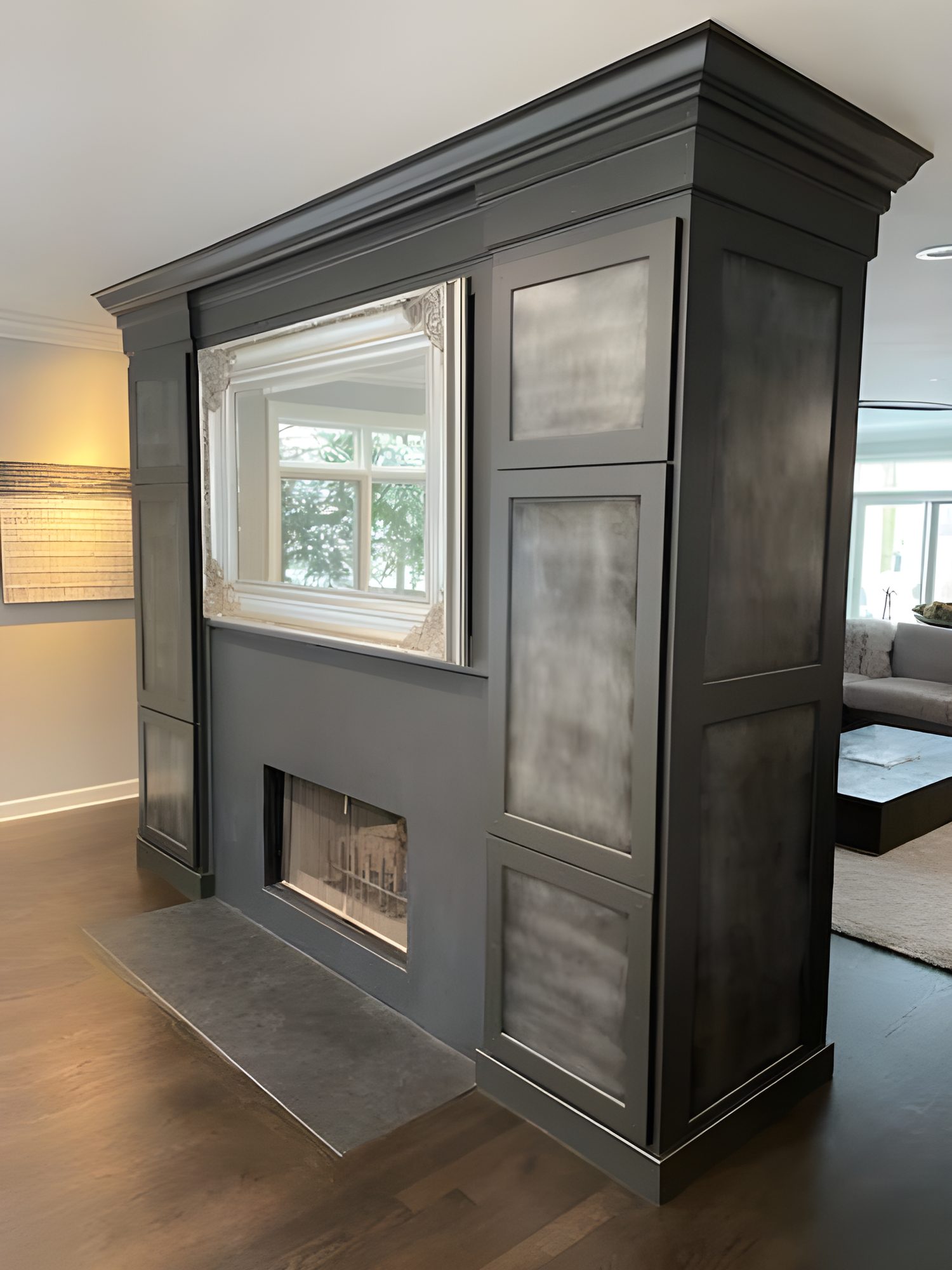 Zinc wall panels with darkened patina in a residential installation by Custom Metal Home