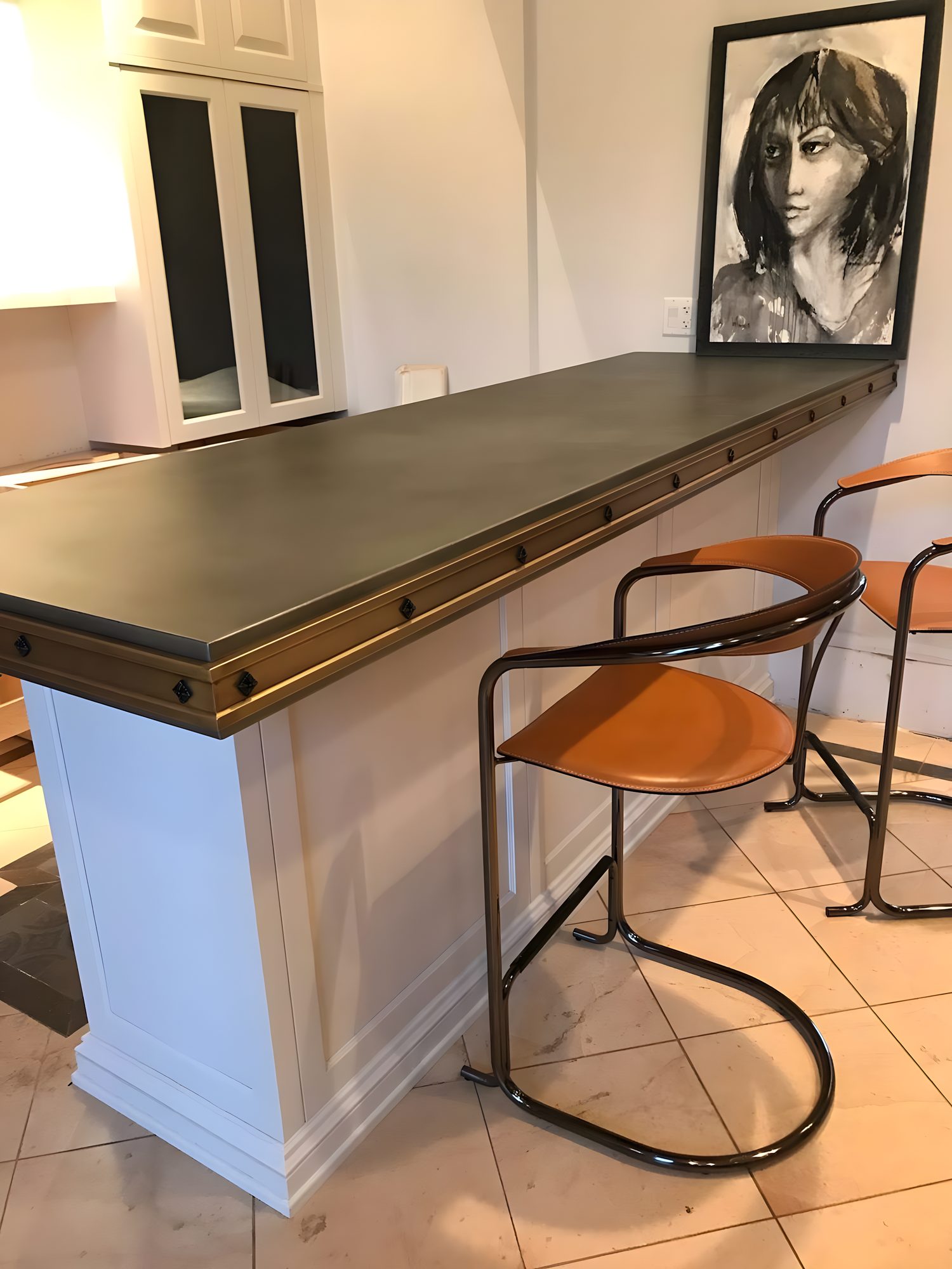 Zinc bar top with brass edge